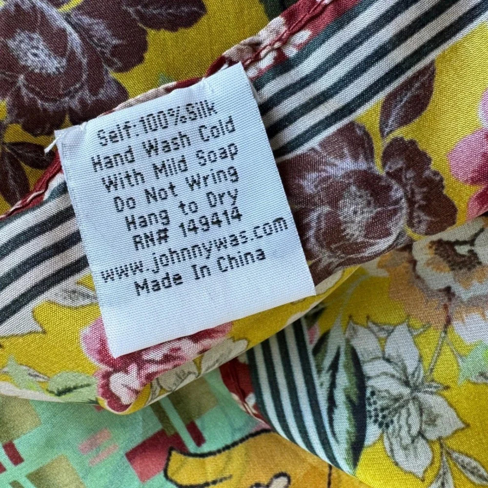 Johnny Was Silk Scarf Floral Mixed Print Tassel Boho Yellow Green 42x42